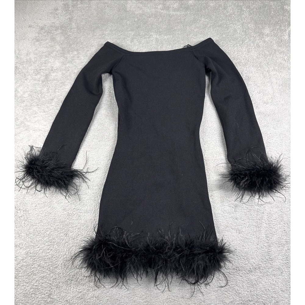 Lucy Paris Women's‎ Joyce Feather Trim Bodycon Mini Dress Black Size XS NWT